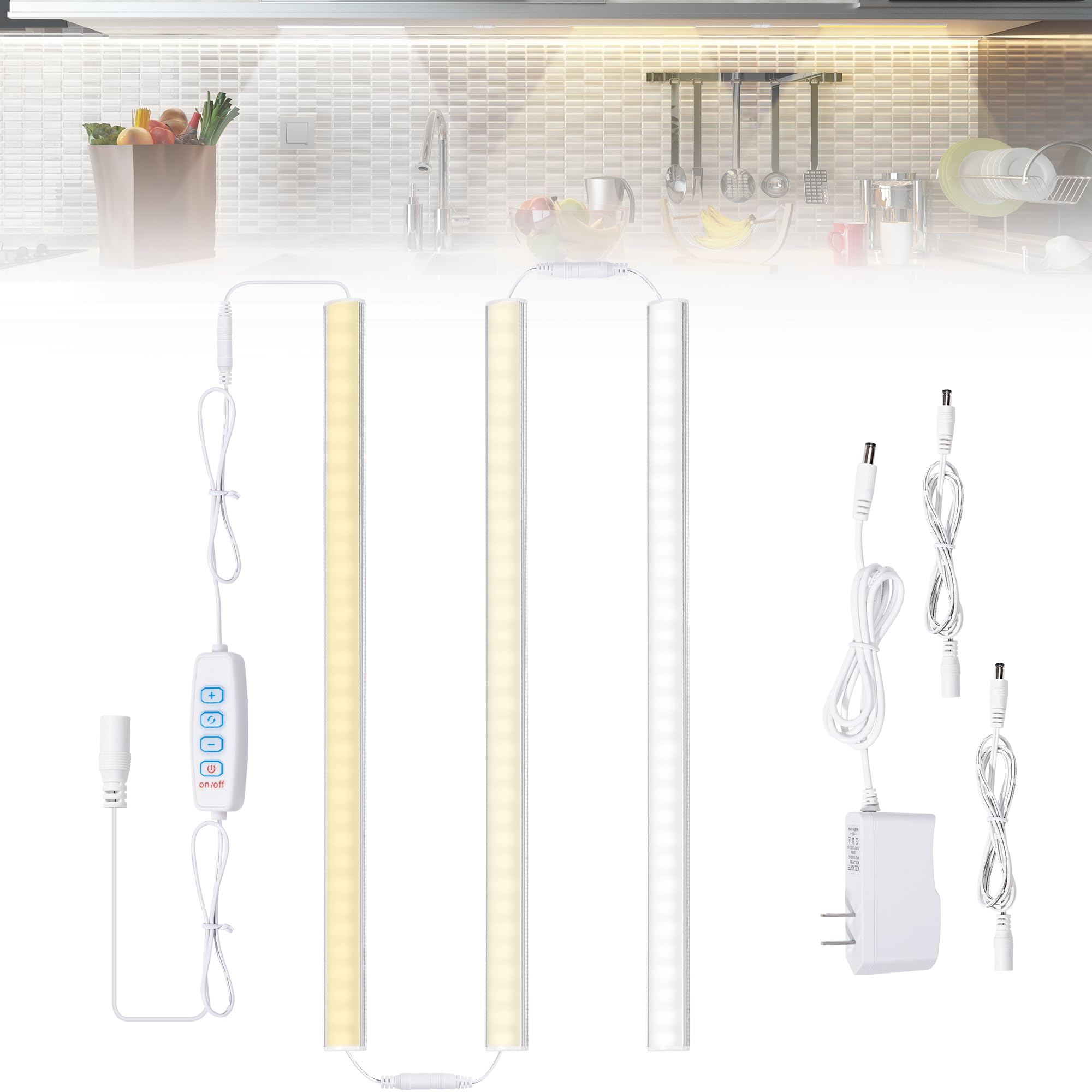 Photo 1 of JUSJUBR Under Cabinet Lighting Plug in, 3 Pcs 12 Inch 3 Color Temperature Under Counter Lights for Kitchen, Dimmable Led Under Cabinet Lights with Memory Function for Closet, Desk