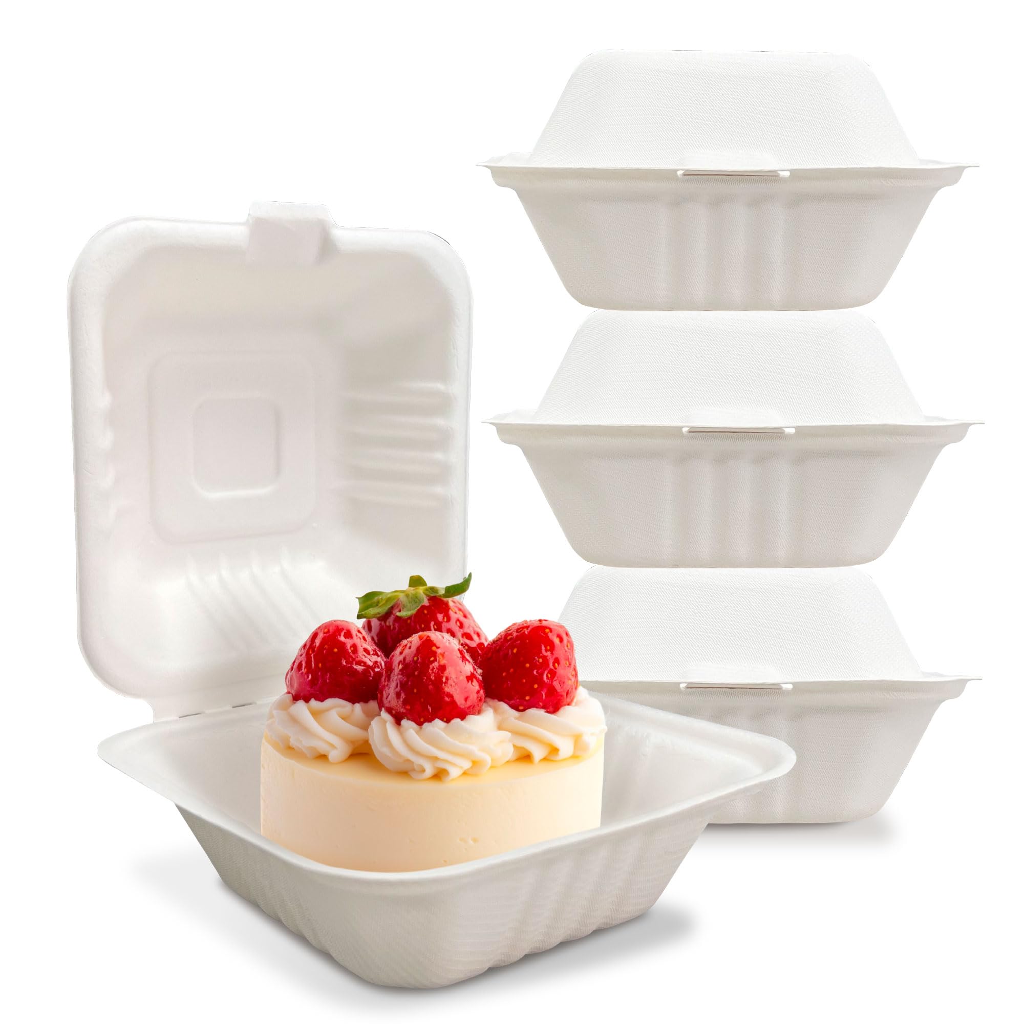 Photo 1 of [50 COUNT]Harvest Pack 6 X 6" White Compostable Clamshell Food Containers, To go food container Heavy-Duty Square Hinged Container, Disposable Bagasse Eco-Friendly Natural Takeout Box