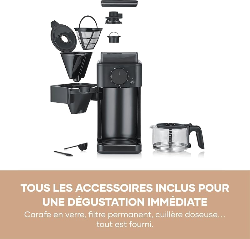 - Machine à café filtre avec broyeur intégré pour café en grains ou moulu + réglage de la mouture, Cafetière filtre avec carafe verre 10 tasses, cuillère, filtre permanent, noir, KA 9215