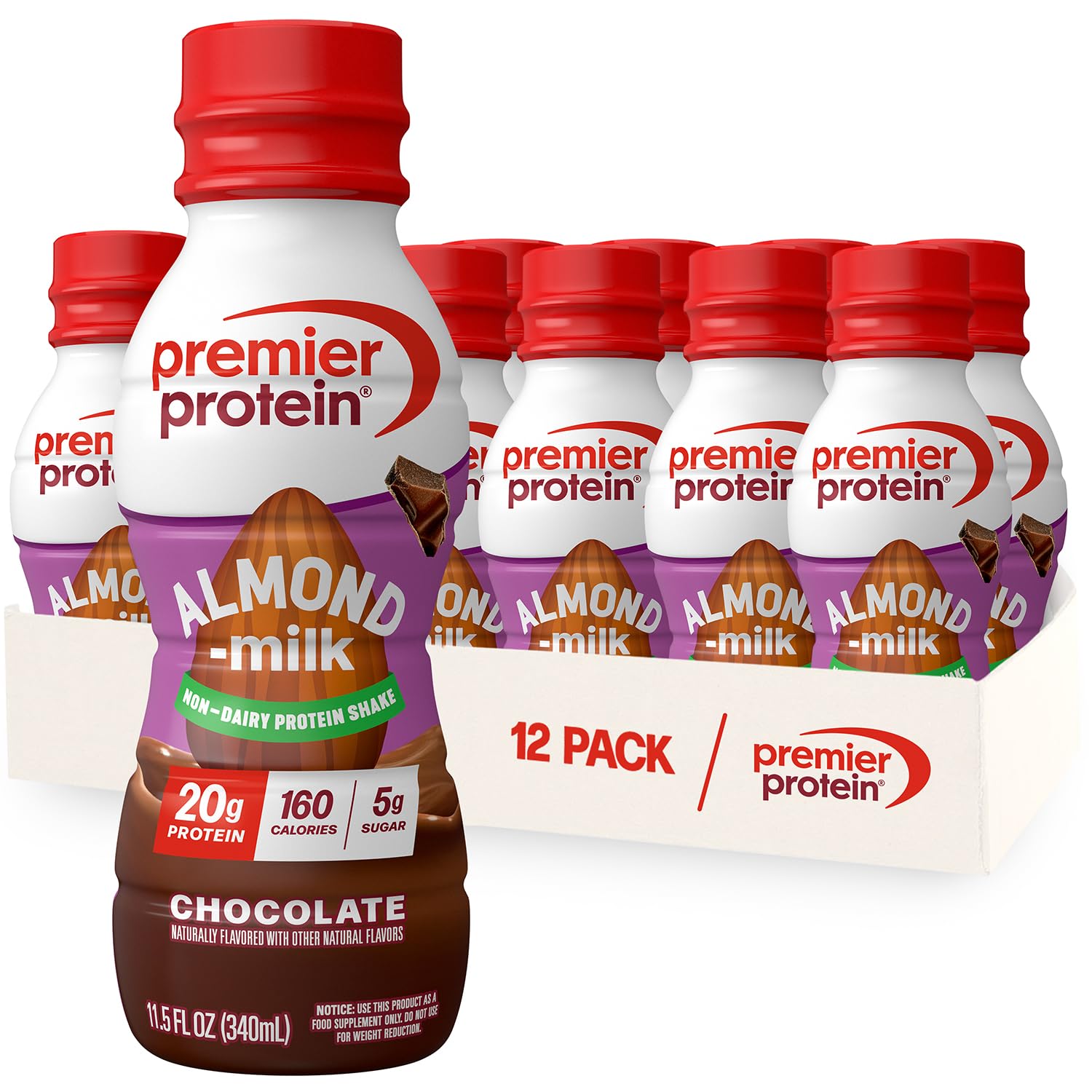 Premier Protein Non-Dairy Plant Based Almondmilk Protein Shake, Chocolate, 20g Protein, 5g Sugar, 11.5 Fl oz, 12 Count Image
