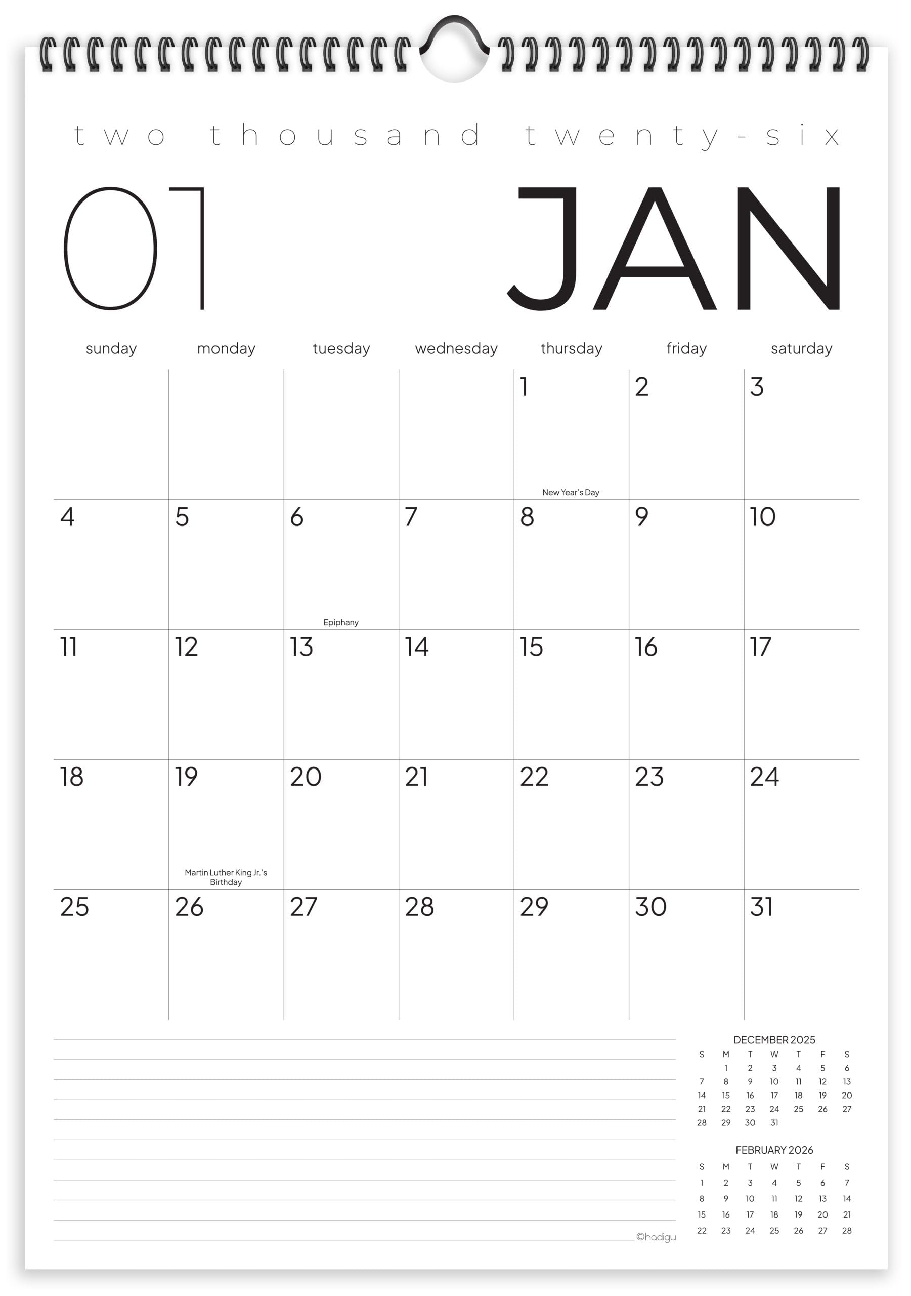View 1 of *FACTORY SEALED* Wall Calendar 2026, 12 Months, 17" x 12" Large Wall Calendar with Hanger, Thick Paper and Spiral Binding. Classic Black & White, Professional Business Design.