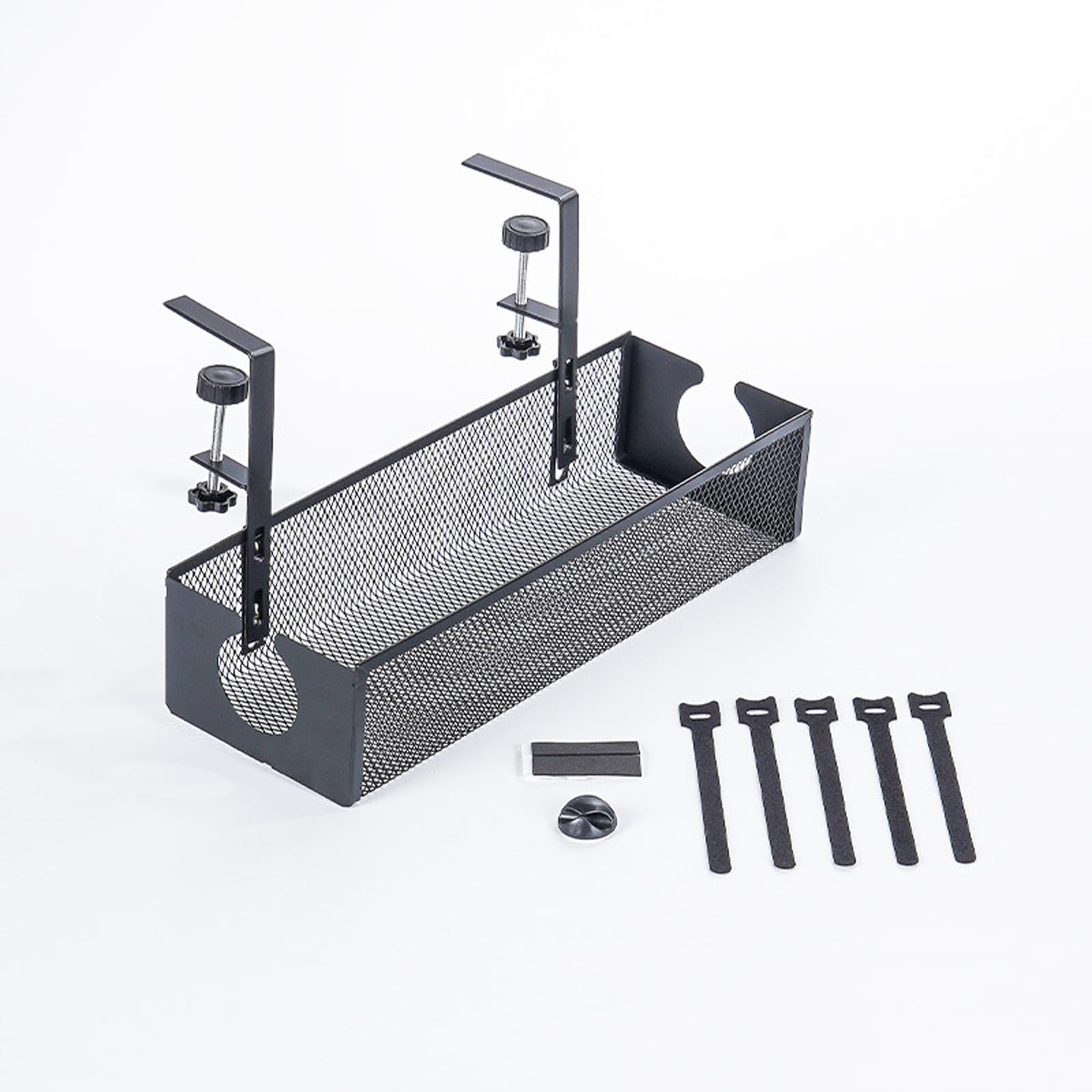 Bcihomall Under Desk Cable Management Tray, Black, 13.38 Inches, No Drill Metal Mesh Cable Organizer with Clamp Mount, Suitable for Desk Thickness 0.39-3.14 Inches