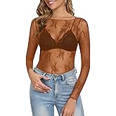 Womens Sheer Mesh Lace Long Sleeve Tops 2025 Trendy Sexy Boat Neck Undershirt Floral Shirts Party Club Night Blouses