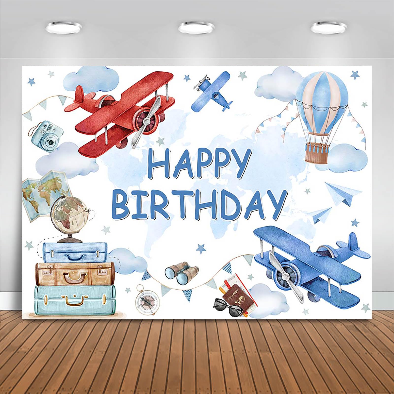 Photo 1 of Fitumiw Airplane Birthday Backdrop 7x5ft Adventure Theme Boy Birthday Party Decorations Background Airplane Happy Birthday Banner Photo Booth Props