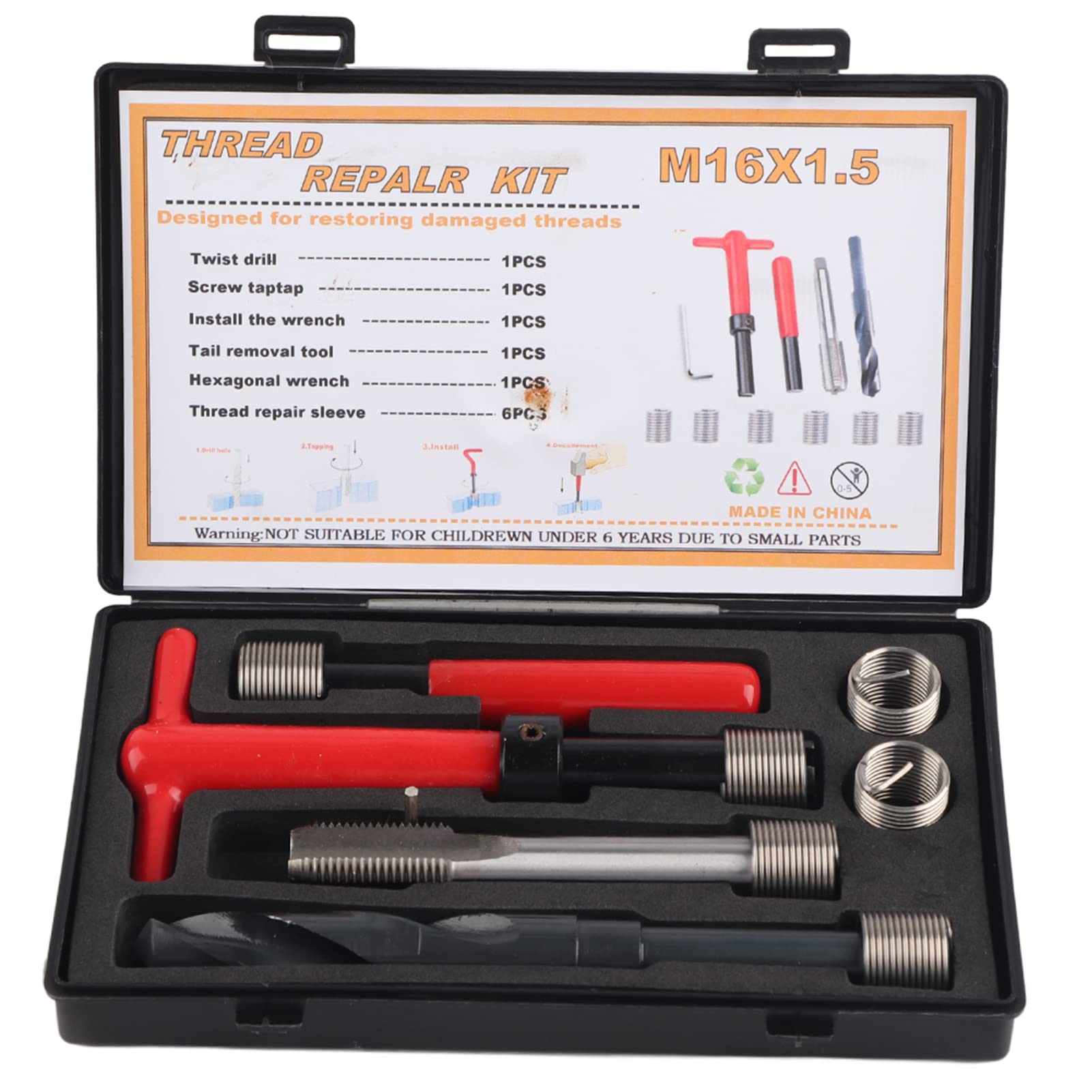 Photo 1 of M16x1.5 Thread Repair Kit, 11Pcs Portable Thread Chaser Set Stainless Steel Twisted Drill Wrench Tap Insertion Tool Thread Repairing Accessory Automatic Repair Utility Tool with Carry Box