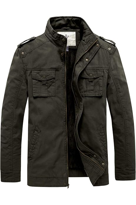 Wenven Men's Casual Cotton Military Jacket Black 1, Medium