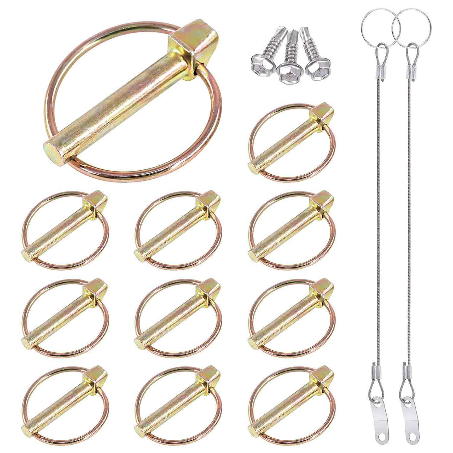Glarks 15Pcs 5/16" x 1-3/4" Lynch Pin with Lanyard Cable Set 10Pcs Lynch Pin Lock Pin Clips and 2Pcs 304 Stainless Steel Lanyard Cable with Quick Release Ring for Farm Tractors Trailers Trucks Mowers