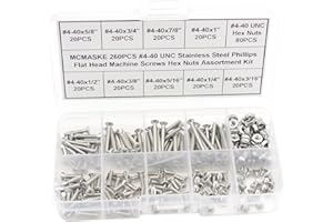 MCMASKE 260PCS #4-40 UNC Stainless Steel Phillips Flat Head Machine Screws Hex Nuts Assortment Kit