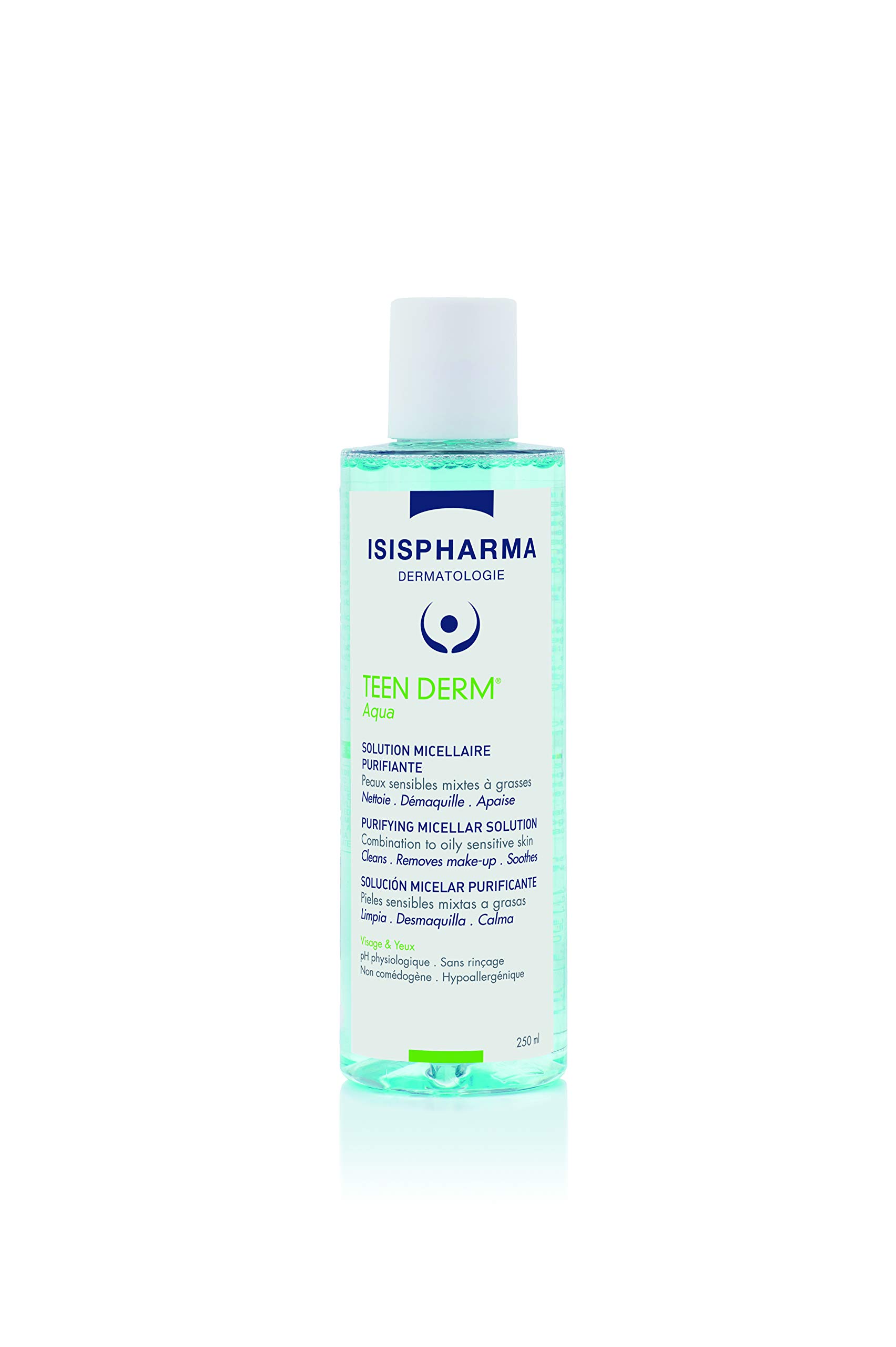ISISPHARMA TEEN DERM Aqua - Purifying Micellar water - Face cleanser and Makeup remover for Sensitive to Oily Skin - Cleanser with Zinc and Boswellia Extract - Glass skin Effect - Made in France