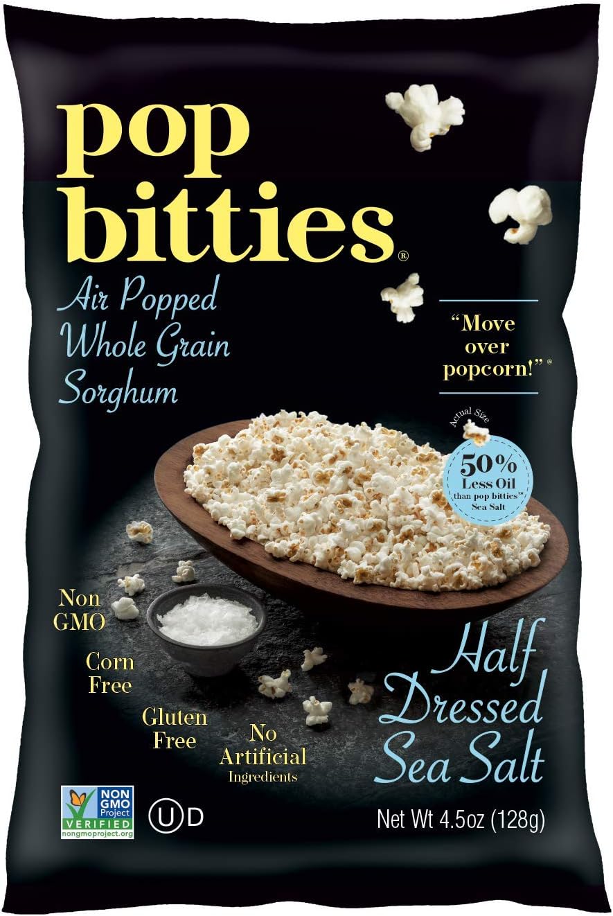 Pop Bitties Air Popped Sorghum Snack - Healthy Popcorn Alternative - 100% Ancient Whole Grains (Low Fat, 12-pack 4.5oz bags) Plant Based, Digest Easily, Gluten Free, No Corn or Nuts, Vegetarian