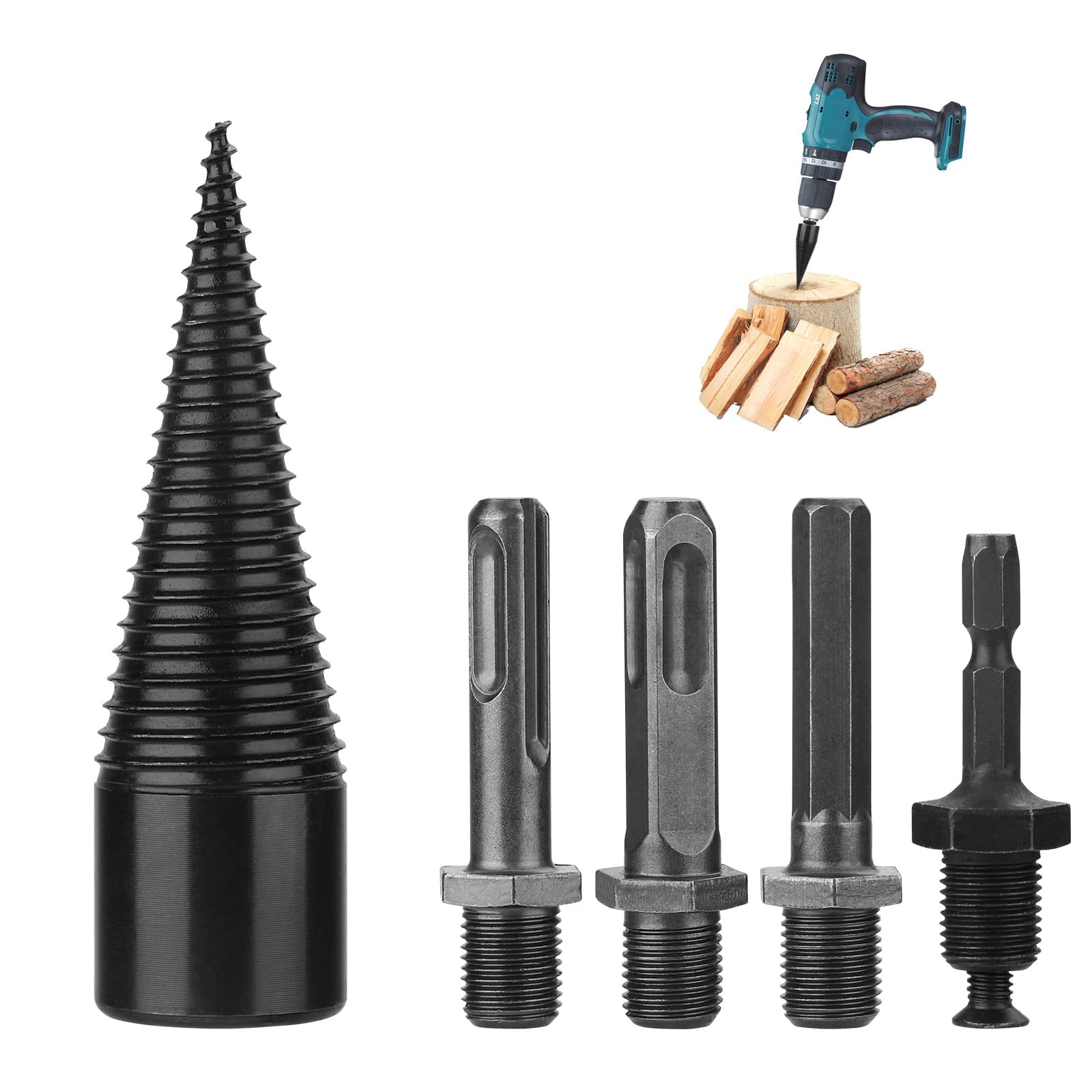 HONGXW Splitting Wood Cone Drill Bit, 4Pcs Heavy Duty Drill Screw Cone Driver Firewood Log Splitter Drill Bit Set Electric Wood Chopping Tool for Hand Drill Stick-hex+Square+Round (45mm), Black