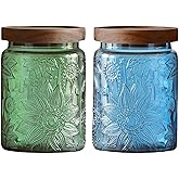Set of 2 Vintage Glass Jars, Green Glass Storage Jars with Lids (23.7 oz) for Kitchen, Pantry, Candy, Flour, Oatmeal, Coffee Beans, Pet Food, Laundry Detergent, Cute Jar (Green&Blue 2, 23.7 Ounces)