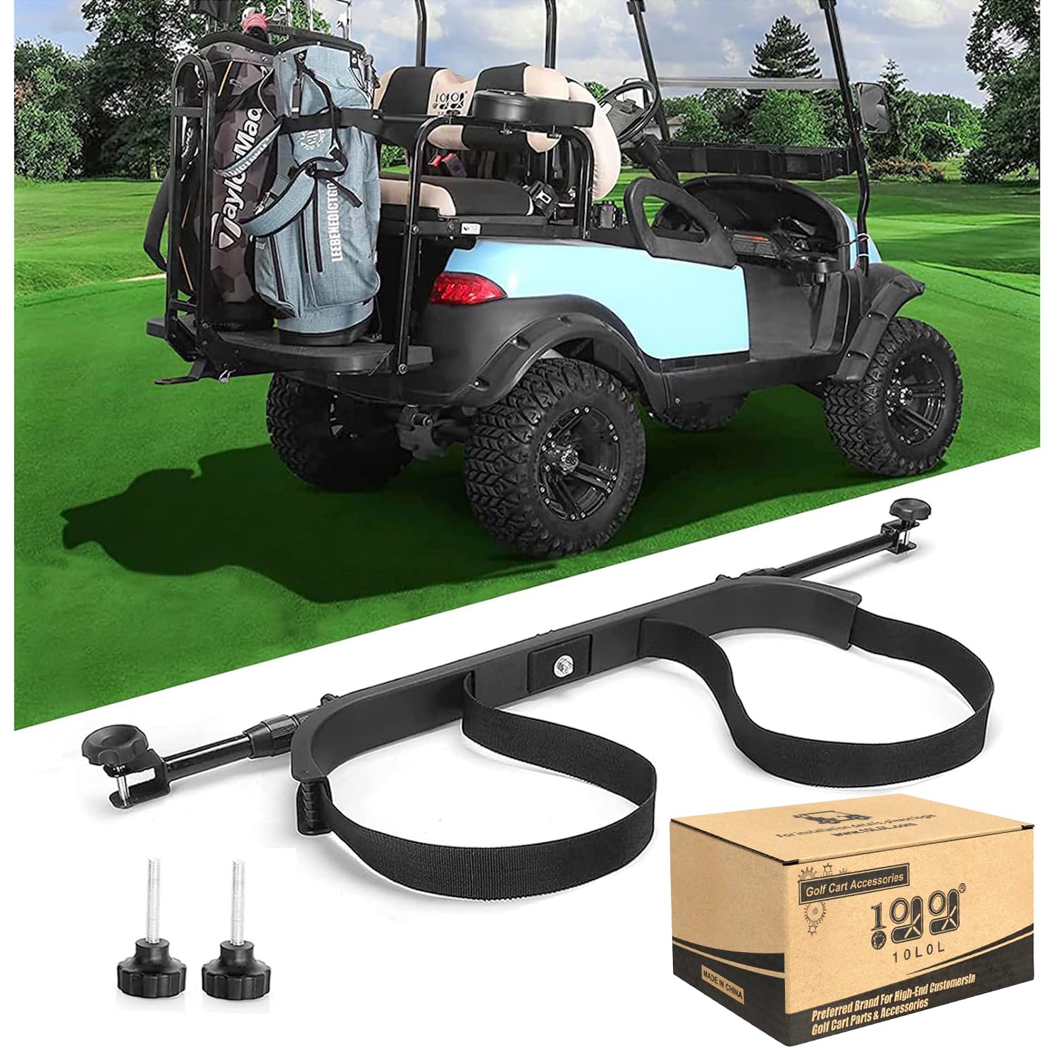 Photo 1 of 10L0L Universal Golf Cart Rear Seat Bag Holder Rack Attachment for Most 2+2 Golf Cart, Adjustable No-Drilling Golf Cart Bag Holder Fits Yamaha, EZGO, Club Car