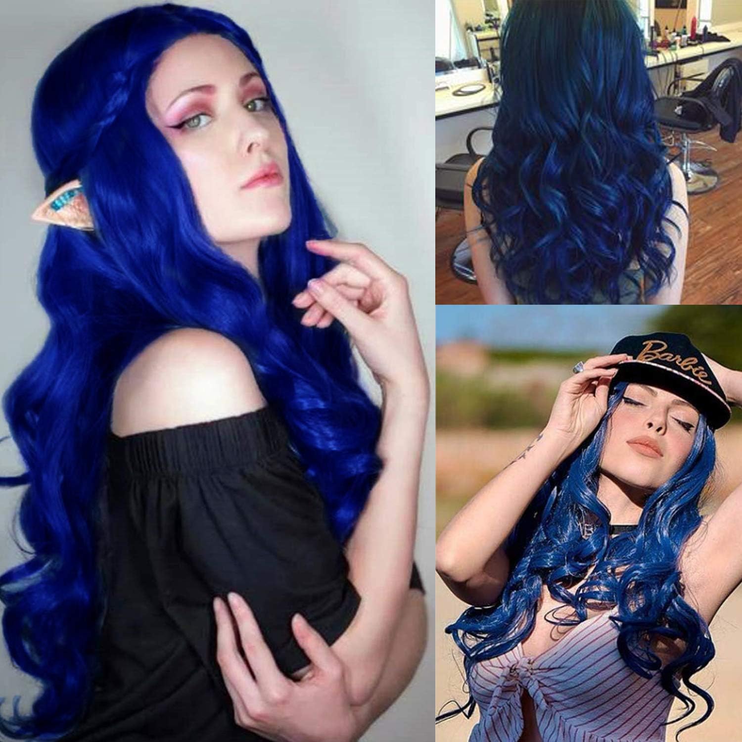 Long Blue Wigs for Women Curly Wavy Synthetic Hair Wigs Heat Resistant Cosplay Halloween Costume Party (Dark Blue) - Image 3