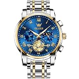 OLEVS Blue Watches for Men Analog Quartz Stainless Steel Fashion Sport Mens Wrist Watch Classic Luminous Dress Mens Watches Gold and Silver Chronograph Moon Phase Luxury Relojes para Hombres