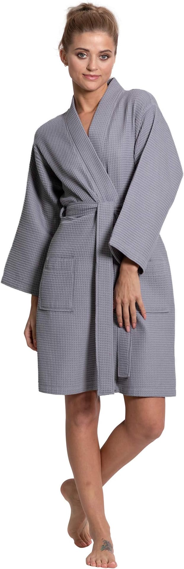 Linen Lightweight Knee Length Waffle Kimono Bath and Spa Robe