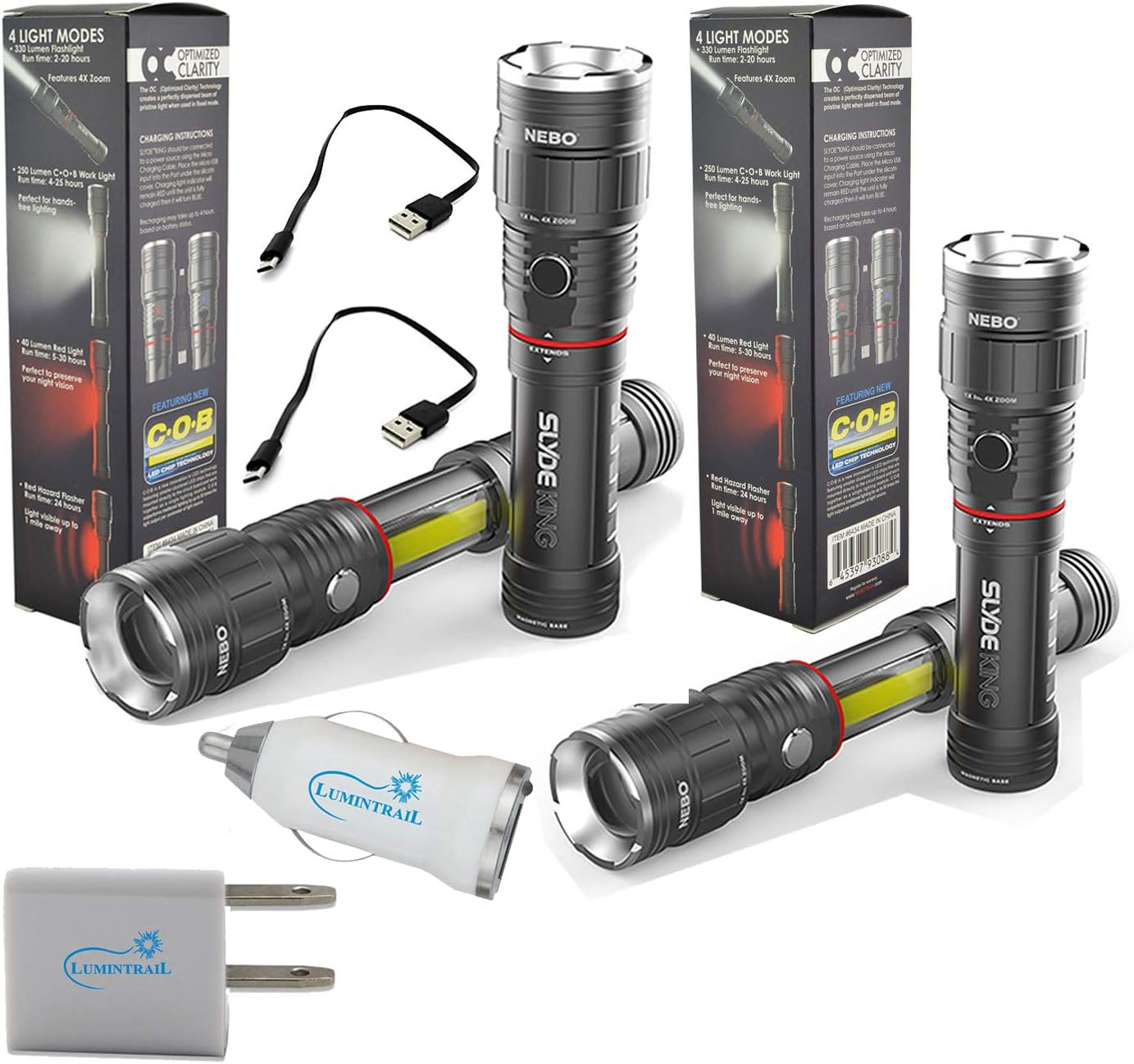 2x Nebo Slyde King 6434 Rechargeable LED Flashlight Work Light Adjustable Zoom Bundle with Lumintrail USB Plug Adapters