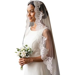Ophea Veily Mantilla Wedding Veil Full Lace Applique Edge Bridal Veils for Brides with Comb