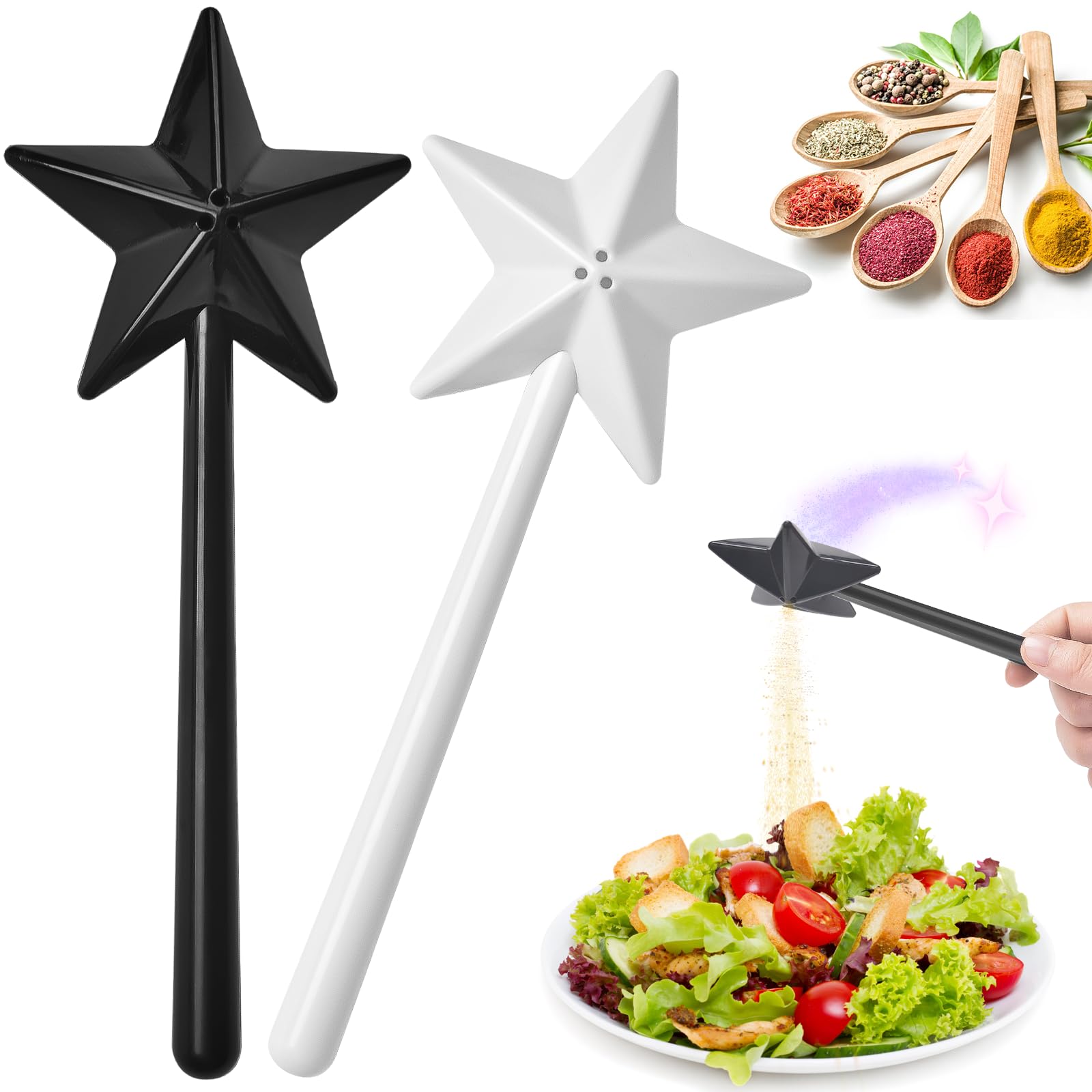 2Pcs Salt and Pepper Shakers Set, Cute Stars Stick Spice Dispenser, Magic Fairy Wand Condiment Set for Kitchen BBQ Restaurant Dining Table Decoration Christmas Party Gifts
