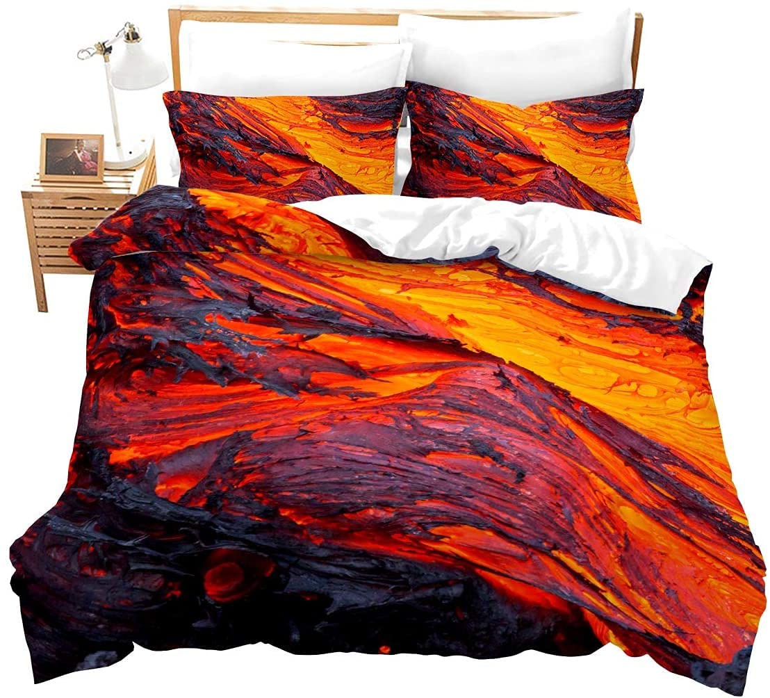 Volcano Bedding Set Single 2 Pieces Disaster Printed Pattern Red Yellow Comforter Set Lava Duvet Cover For Adult Boys Men Teen Bedspread With Zipper Ties 1 Duvet Cover +1 Pillowcase No Comforter — image 1