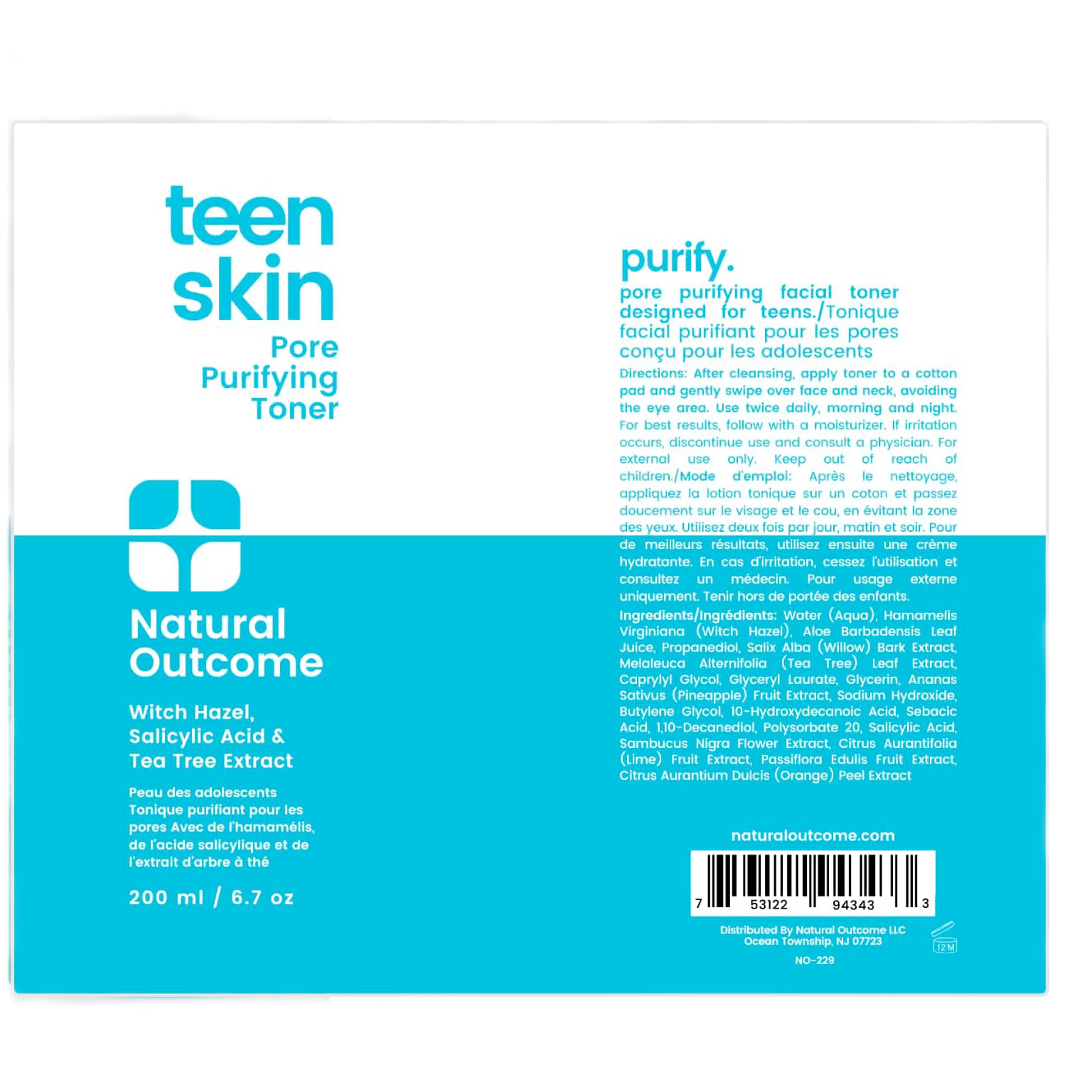 Acne Clarifying Face Toner for Teens by Natural Outcome Skin Care - Salicylic Acid Facial Astringent to Clear Acne & Purify Pores - Fragrance Free, Alcohol Free 6.7 oz