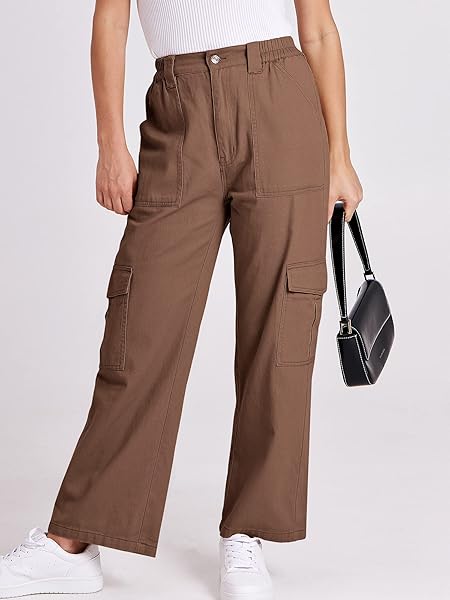 ANRABESS WOMEN’S CARGO PANTS HIGH WAISTED BAGGY MULTIPLE POCKETS CASUAL TRENDY FASHION RELAXED FIT Y2K TROUSERS BROWN MEDIUM