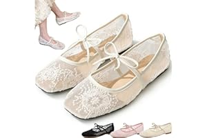 HIDRUO Embroidered Ballet Flats, Women's Lace Ballet Flats Embroidery Square Toe Mesh Flats Comfortable Slip on Dress Shoes
