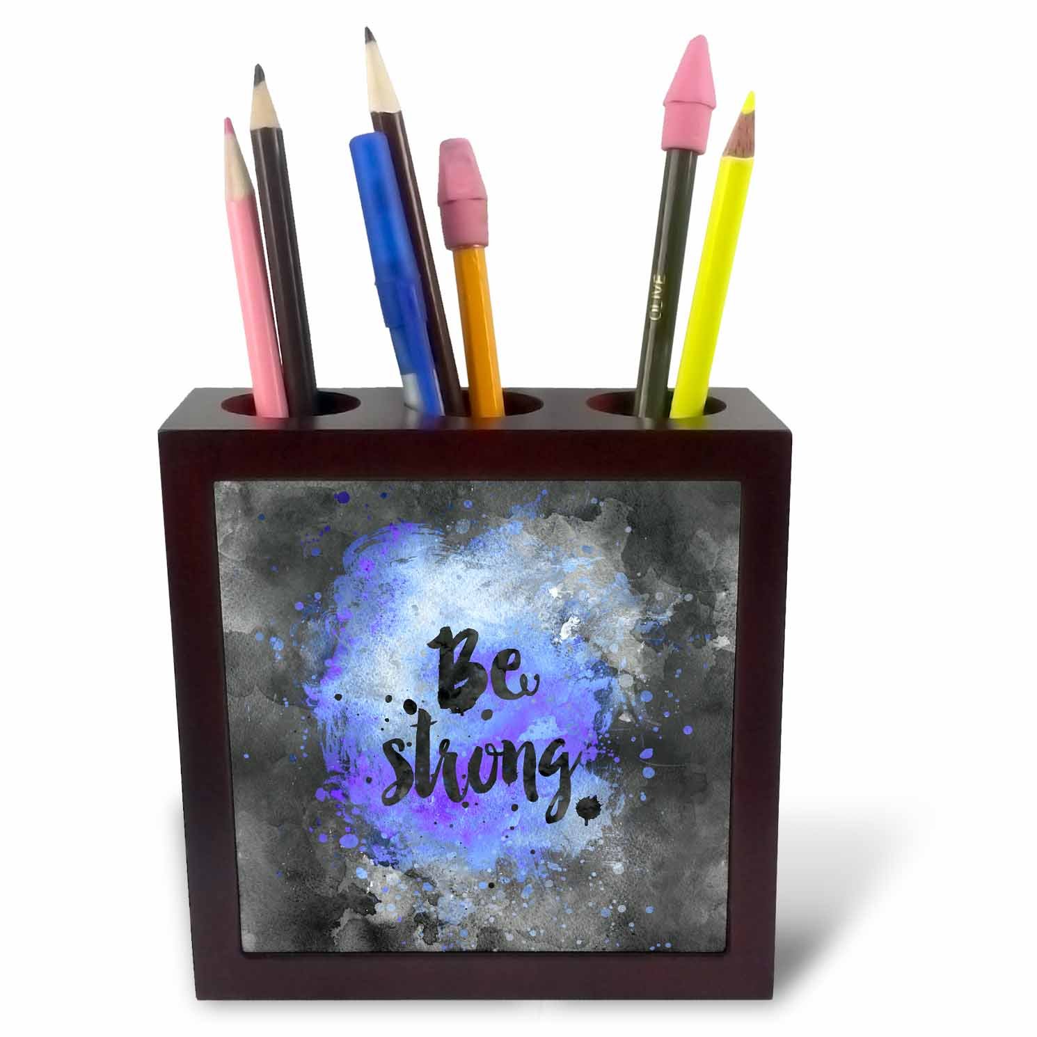 3dRose Colorful Motivational and Inspirational Watercolor Typography be Strong Inch (Ph_264701_1), 5" Tiles Pen Holder