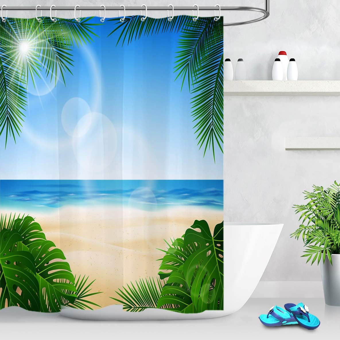 LB Blue Ocean and Tropical Beach Shower Curtains Monstera and Palm Leaves under Sun Bath Curtain with Hooks,Waterproof Anti Mould Polyester Fabric Bathroom Decor,150X180CM