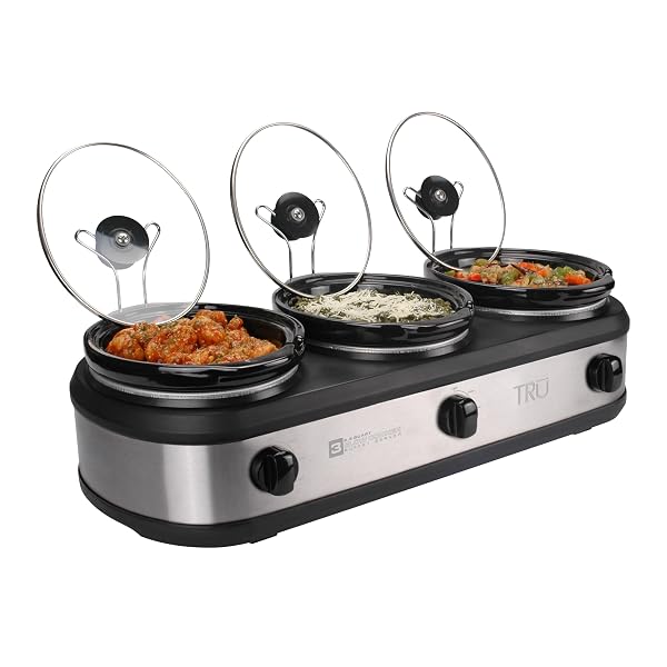 TRU TRIPLE BUFFET SERVER – THREE 2.5 QUART REMOVABLE CROCK INSERTS – SLOW COOKER & FOOD WARMER WITH INDIVIDUAL HEAT CONTROL – INCLUDES LID RESTS & SERVING SPOONS
