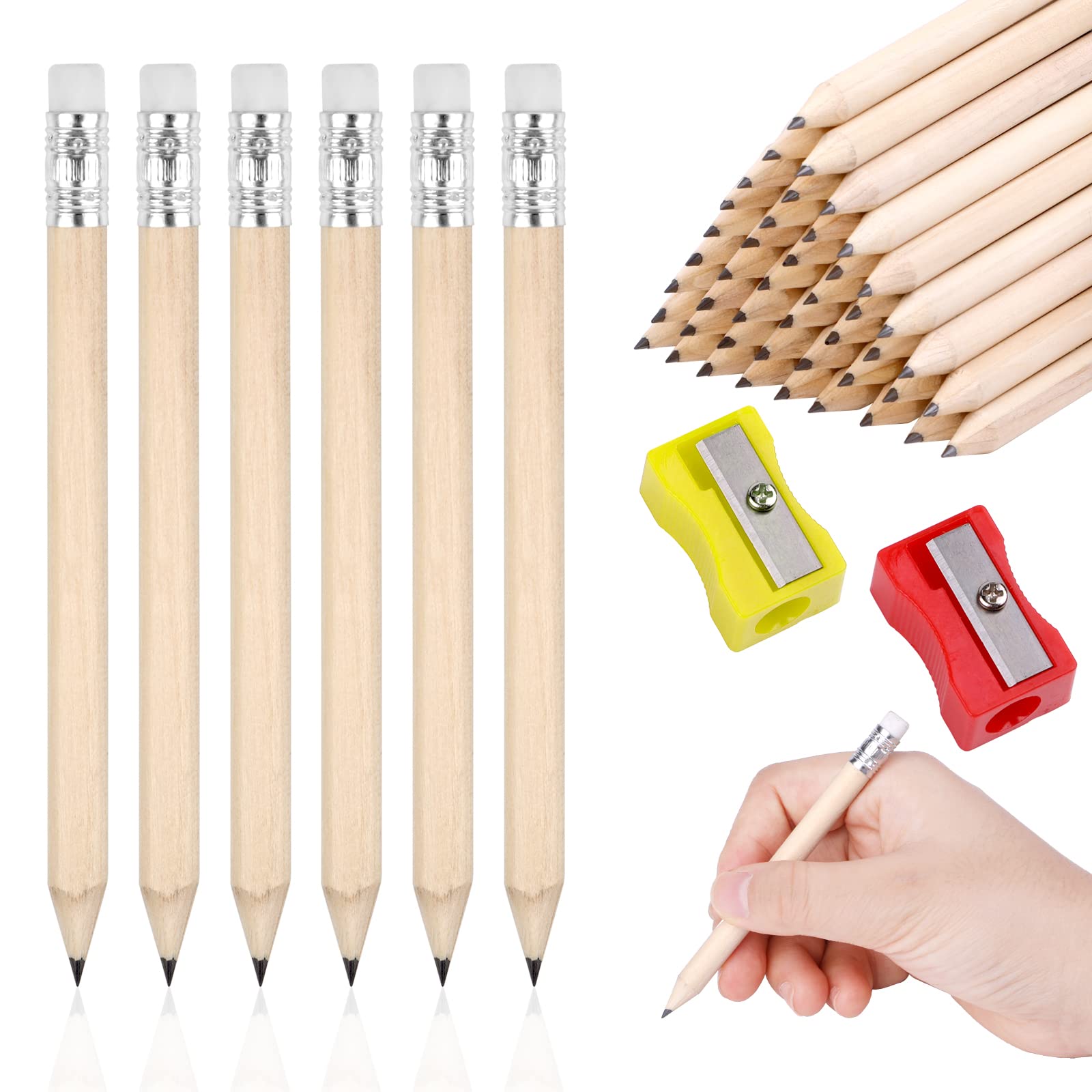 Wooden Mini Half Pencils, 50pcs, 10cm Long, Pre-sharpened with Rubbers, Golf Pencils for Kids Writing & Drawing