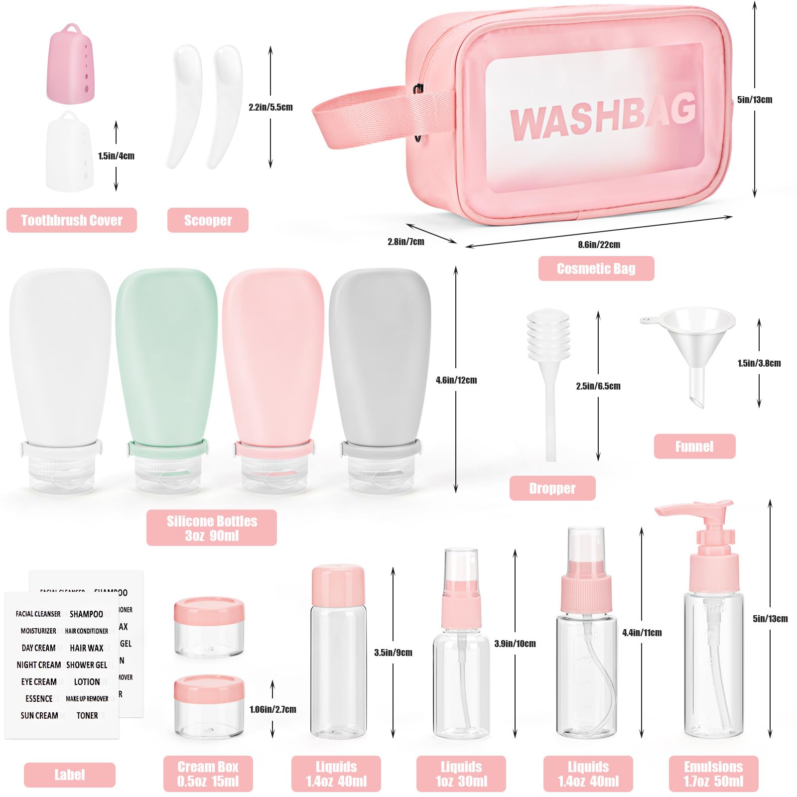 Noideeer 18-Piece Silicone Travel Bottle Set, Aircraft Approval for Travel Bottles for Filling, Suitable for Shampoo, Lotion, Conditioner, Shower Gel, with Labels and Transparent Toiletry Bag