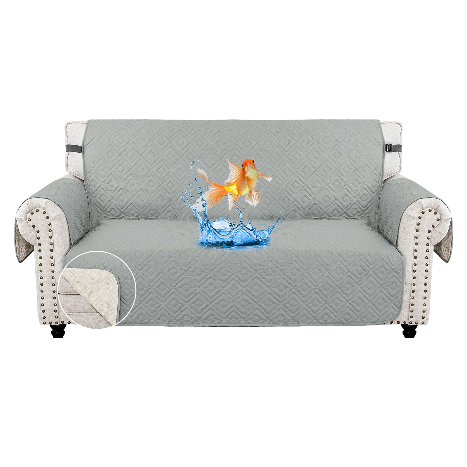 MAXIJIN Sofa Covers Waterproof Sofa Slipcovers Non-Slip 2 Seater Sofa Protectors with Elastic Straps Reversible Universal Couch Covers for Dogs, Pets, kids (Light Grey, 2 Seater)