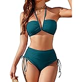 Blooming Jelly Womens High Waisted Bikini Sets Sexy Bandeau Tummy Control Swimsuits Halter Two Piece Ruched Bathing Suit