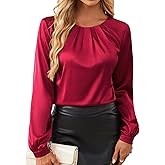 Bluetime Silk Blouses for Women Dressy Work Satin Dress Shirts Pleated Long Sleeve Business Casual Tops Fall Outfits