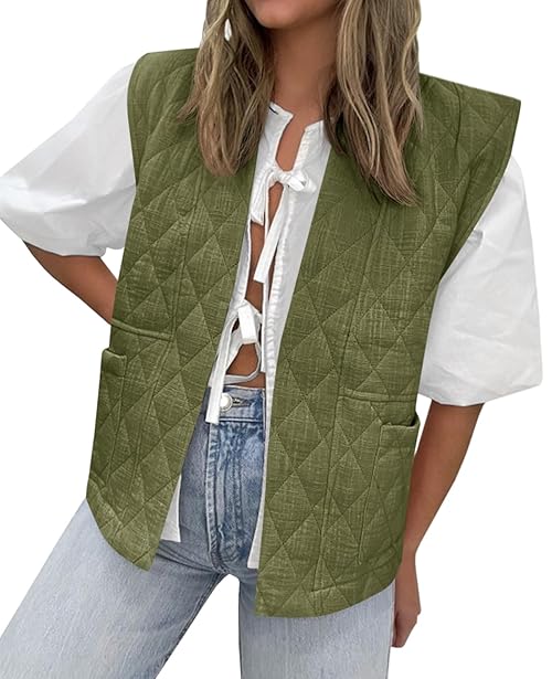 Tankaneo Womens Puffer Vest Sleeveless Open Front Quilted Jacket Lightweight Padded Gilet Coat with Pockets