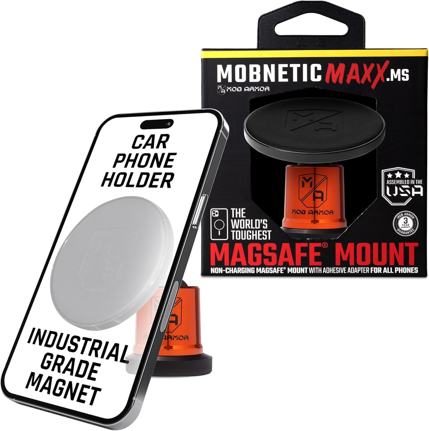 Mob Armor MobNetic Maxx MS - MagSafe Compatible Car Phone Mount w/ 90º Tilt, 360º Rotation & Durable Aluminum Build, Magnetic Holder for iPhone & Android Devices, USA Assembled - Orange Chrome