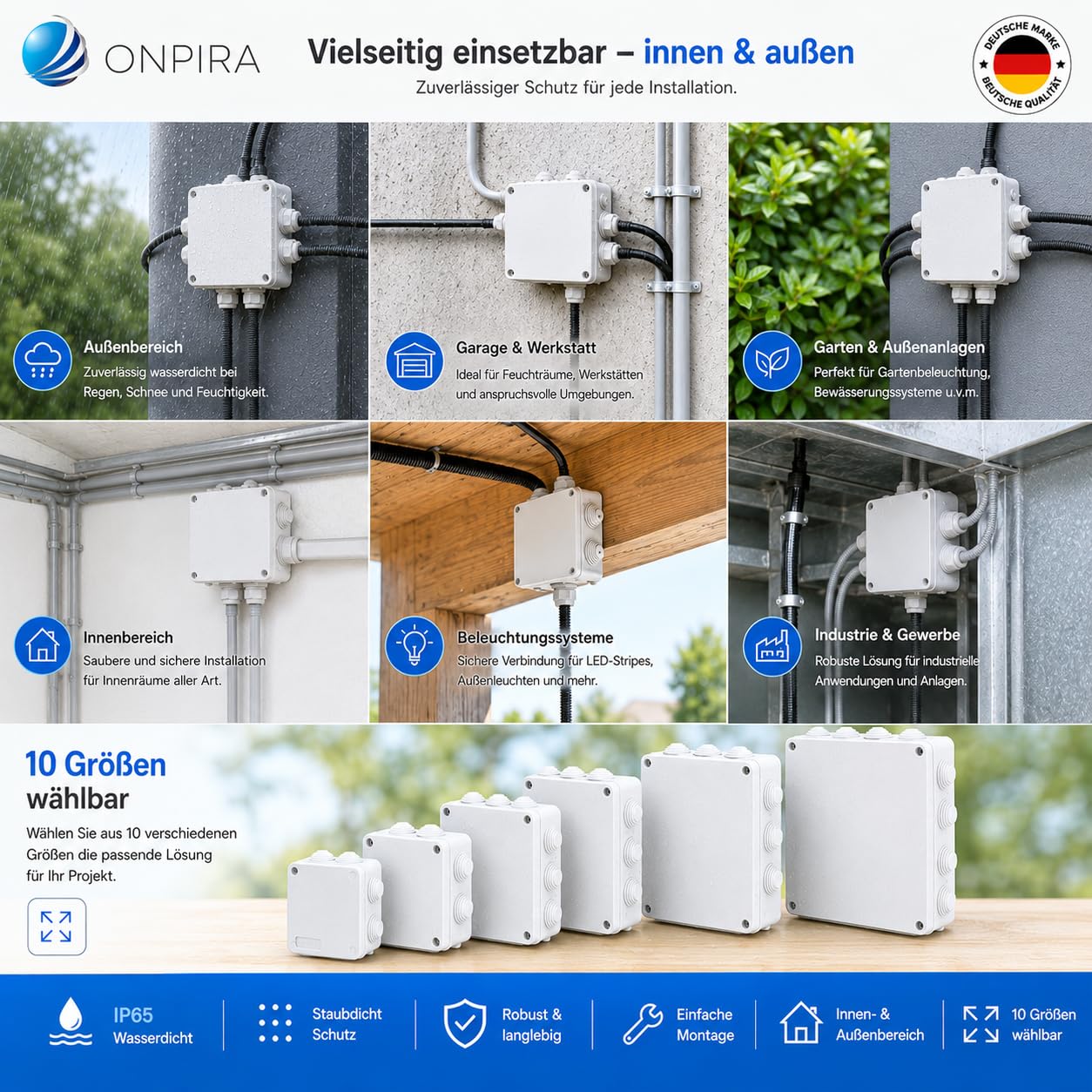Onpira® Aufputz Abzweigdose IP65 – Wasserdichte & staubdichte Verteilerdose für Elektroinstallation, Anschlussdose/Abzweigkasten aus ABS, für Innen- & Außenbereich, 10 Größen auswählbar(150x110x70mm) 2