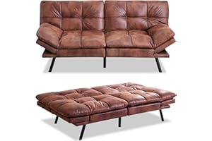 MUUEGM Futon Sofa Bed Faux Leather Memory Foam Couch Futon Sets,Convertible Sleeper Sofa for Living Room,Modern Daybed w/Removable Armrests,Love seat for Compact Living Space,Brown