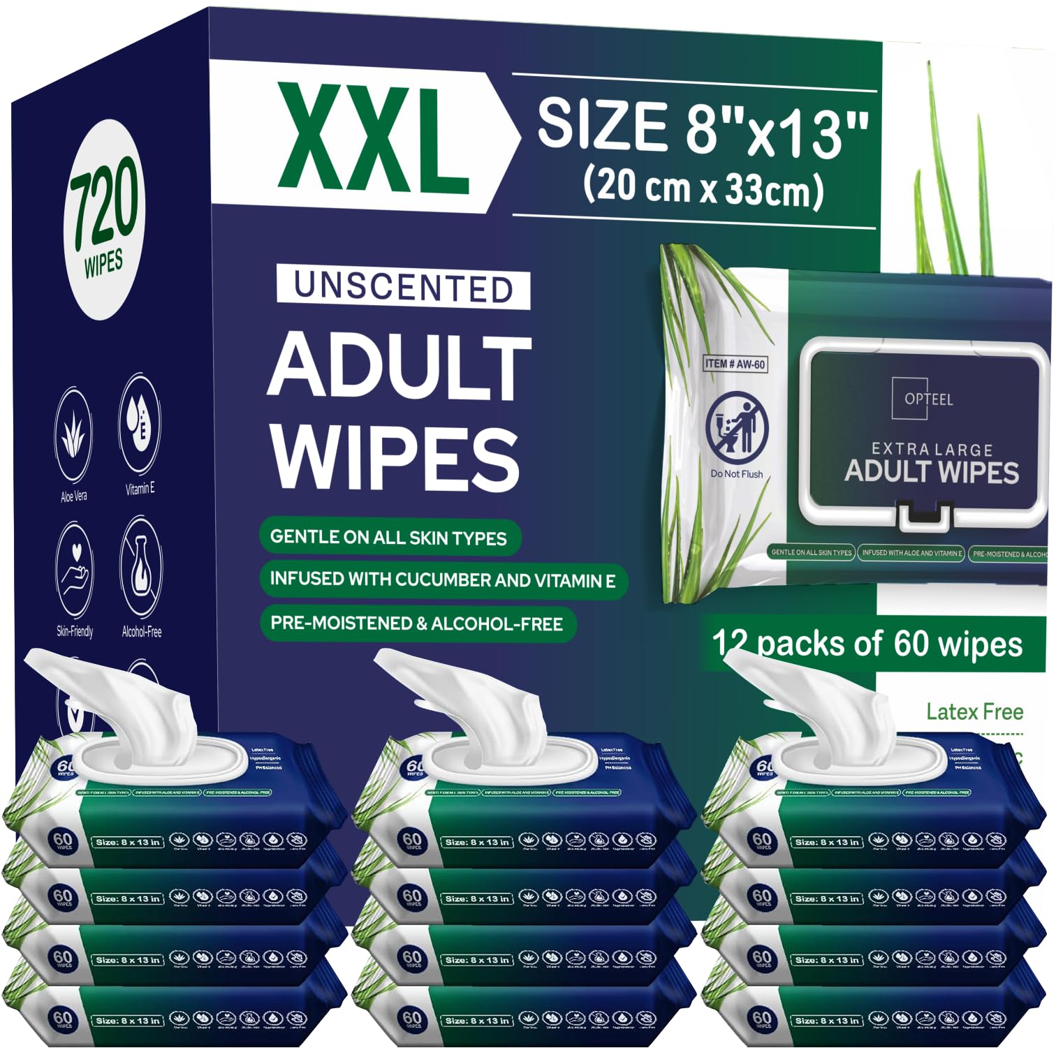 Photo 1 of Adult Wipes For Elderly - 8"x13" 720ct (12 Packs of 60) Huge & Soft Non-Flushable Body Wipes For Adults Bathing No-Rinse - Incontinence Disposable Washcloths, Vitamin E & Aloe Infused Shower