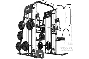 Smith Machine Home Gym: 2200LB Power Cage with Dual Cable Pulley Systems, LAT Pulldown &Leg Hold-Down Attachment for Complete