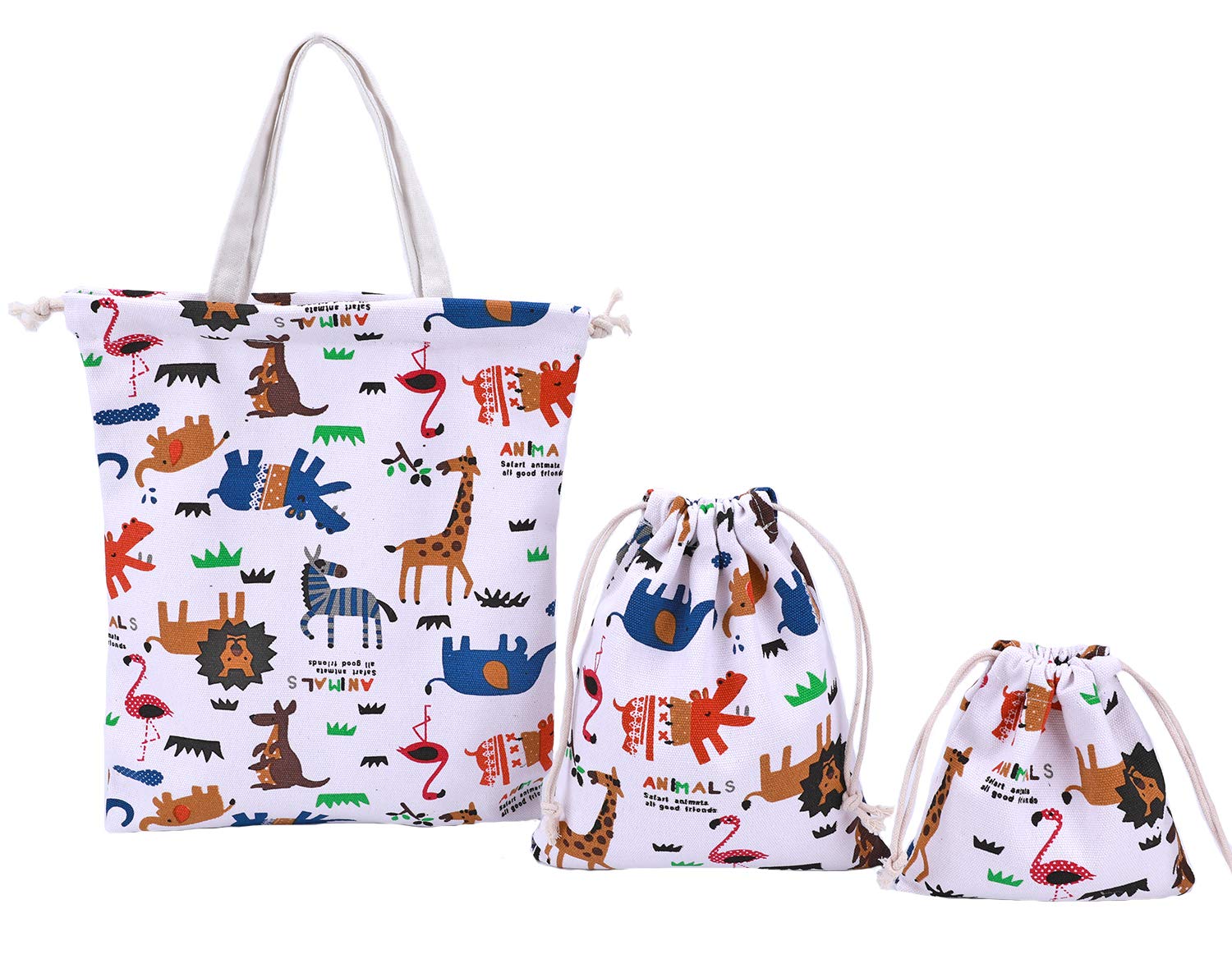 Amoyie 3 pcs Drawstring Storage Bag Set Small Tote Bag for Baby Stuff Travel Home Accessories Animal