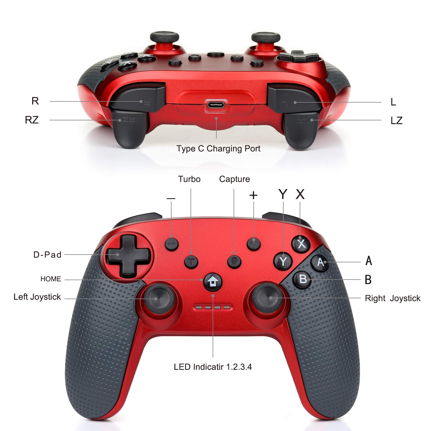Switch Pro Controller,Wireless Switch Controller for Nintendo Console,with LED Type C Charging Cable(Red)
