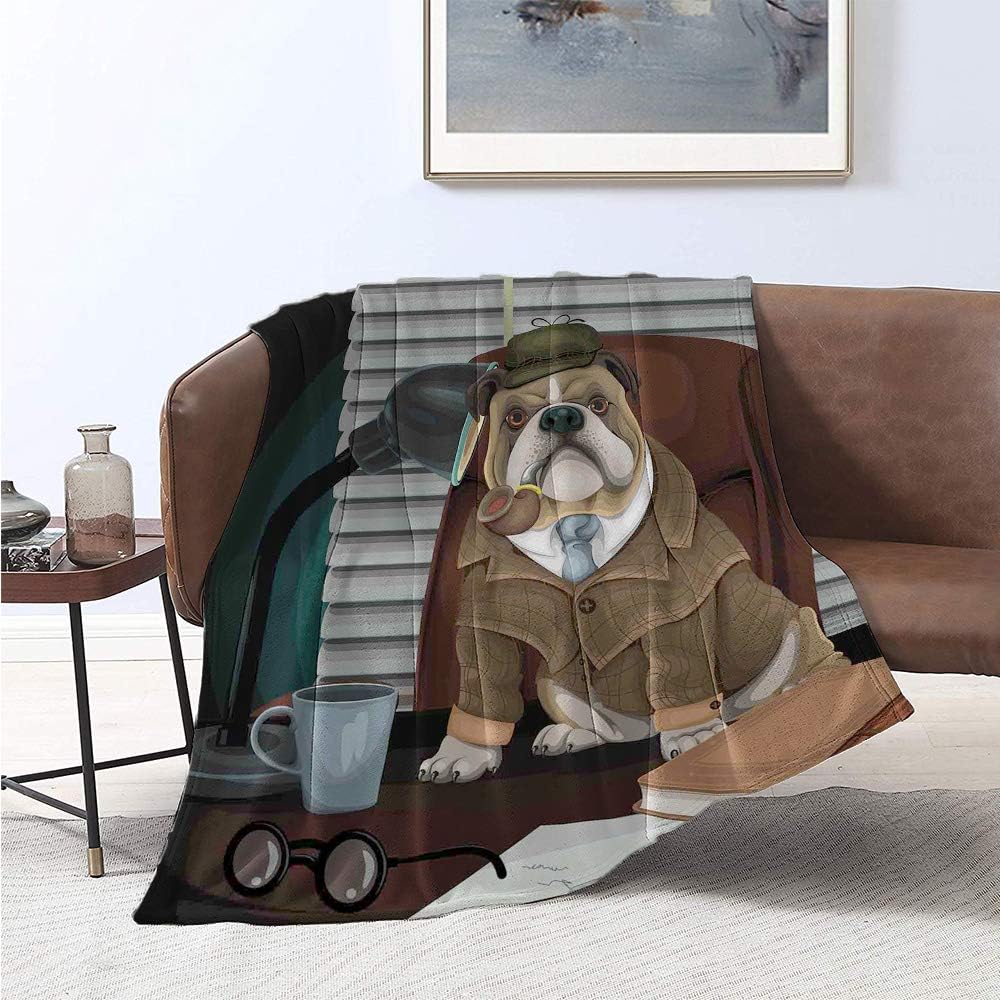 Jecycleus English Bulldog, Weave Pattern Extra Long Blanket, Traditional English Detective Dog a Pipe and Hat Sherlock Holmes Image, Summer Quilt Comforter 90x70 Inch Multicolor