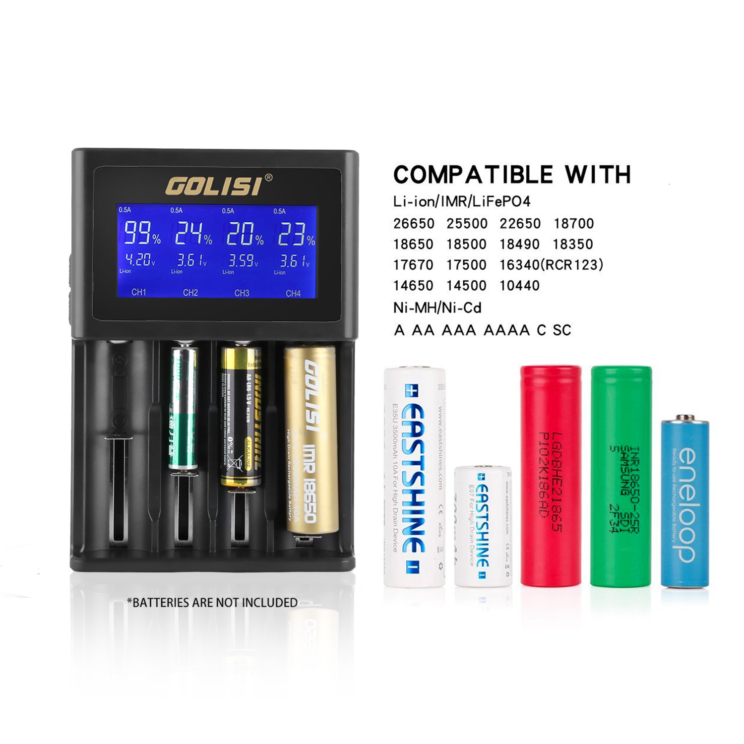 18650 / 26650 Battery Charger, Golisi Universal Charger with 4 Bay, 12V 2A Quick Charge, LCD Display, Good for Ni-MH Ni-Cd AA AAA Li-ion LiFePO4 IMR 10440 14500 16340 RCR123, Best 4 slot Charger for E-cig / Vape Batteries