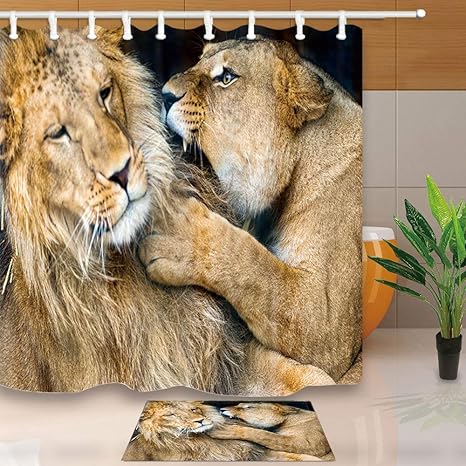 Amazon Hiyash 野生動物のシャワーカーテンライオンカップル喧嘩クローズアップ72x72in耐性シャワーカーテンセット15 7x23 6インチフラン滑り止め床玄関バス敷物 シャワーカーテン ホーム キッチン オンライン通販