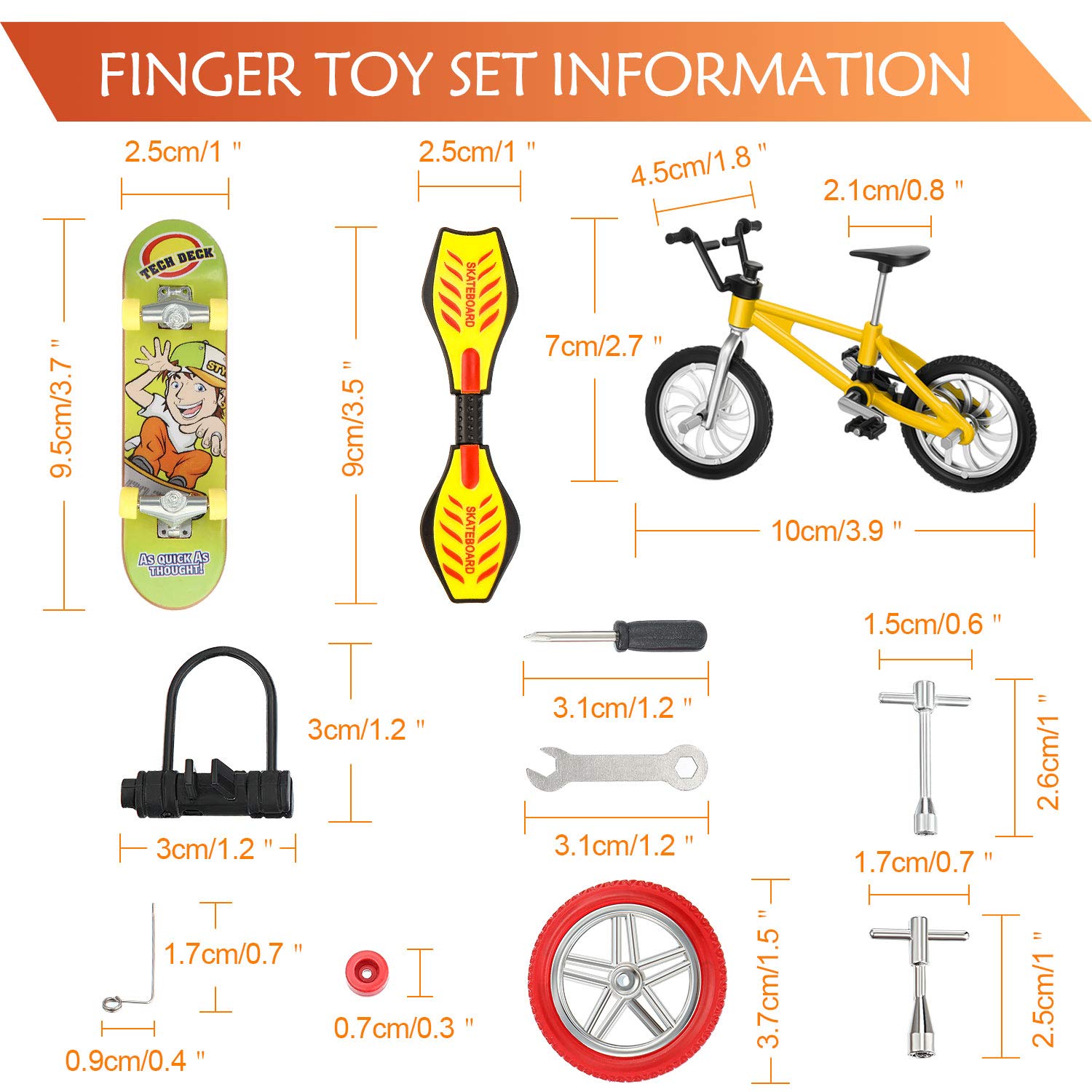 Gejoy 31 Pieces Mini Finger Toys Set Finger Skateboards for Kids Mini Bikes Tiny Swing Board with Replacement Wheels and Tools Fingertip Movement Party Favors for Kids Gifts for Ages 6 and up