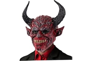 Devil Mask Scary Realistic Full Face Demon Mask with Ox Horn for Halloween, Masquerade, Cosplay Props, 13.4x14.6 inch