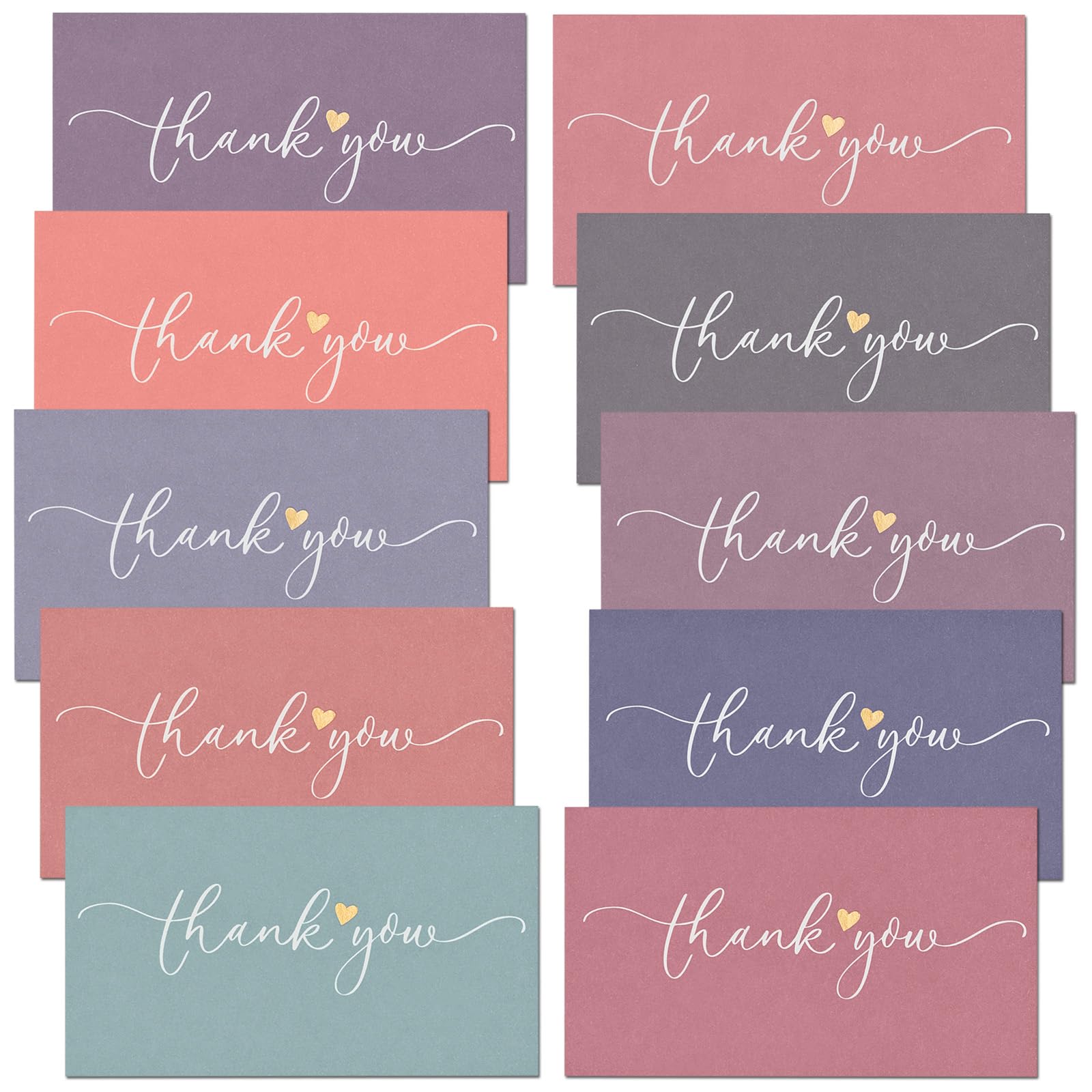 Photo 1 of 100-Pack Gold Foil Thank You Cards - Assorted Muted Tones - Elegant Design with Gold Foil Heart - 3.5 x 2 Inches