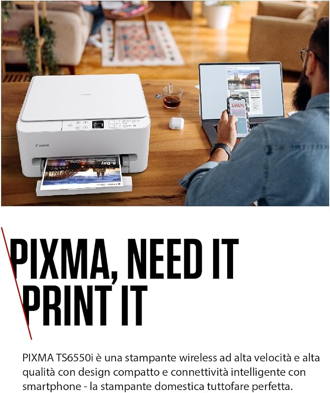 PIXMA TS6550I - Stampante Multifunzione con Connettività Wi-Fi e Display OLED da 1,42 PIXMA Print Plan - Include Carta Fotografica A4 SG-201, 5 Fogli